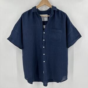 Frank & Eileen Shirt Womens Large Blue Rose Short Sleeve Button Up Linen Italy